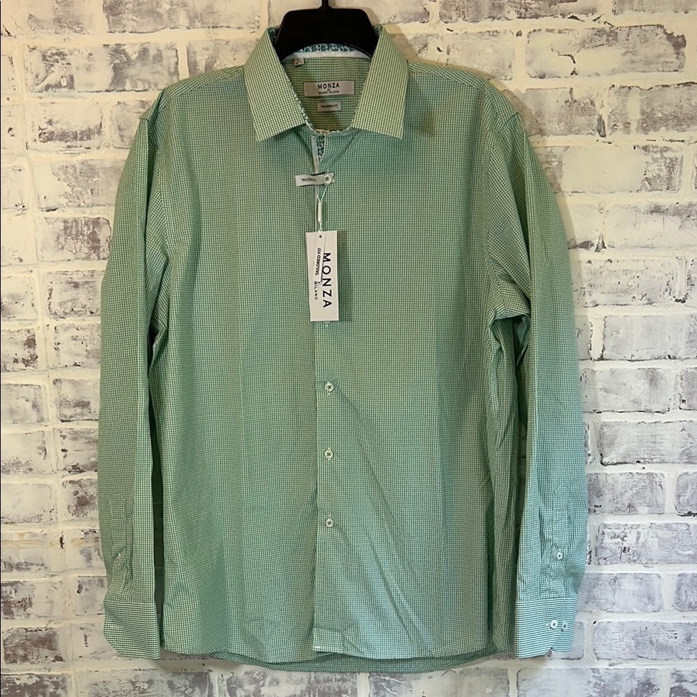 Monza Rosso Milano Tailored Fit Men Button Front L/S Check Green Plaid Shirt L